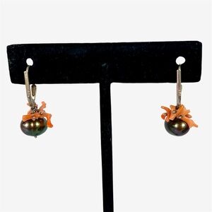 black green peacock freshwater pearl, coral earrings, sterling lever backs